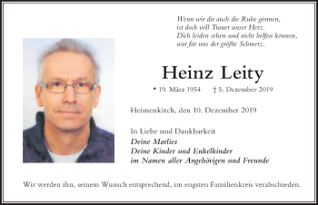Traueranzeige von Heinz Leity von Der Westallgäuer