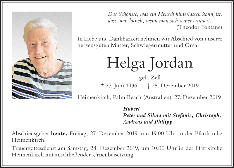  Traueranzeige für Helga Jordan vom 27.12.2019 aus Der Westallgäuer