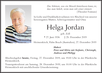 Traueranzeige von Helga Jordan von Der Westallgäuer