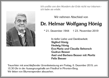 Traueranzeige von Helmar Wolfgang Hönig von Allgäuer Zeitung, Füssen