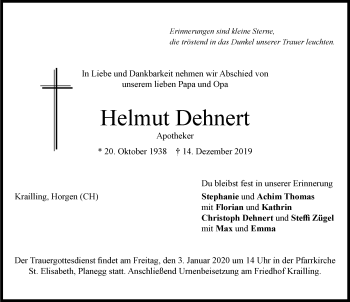 Traueranzeige von Helmut Dehnert von Memminger Zeitung