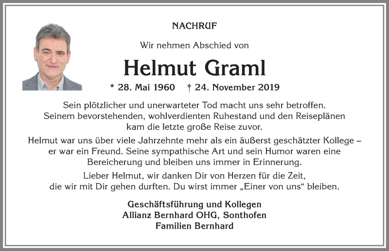  Traueranzeige für Helmut Graml vom 04.12.2019 aus Allgäuer Anzeigeblatt