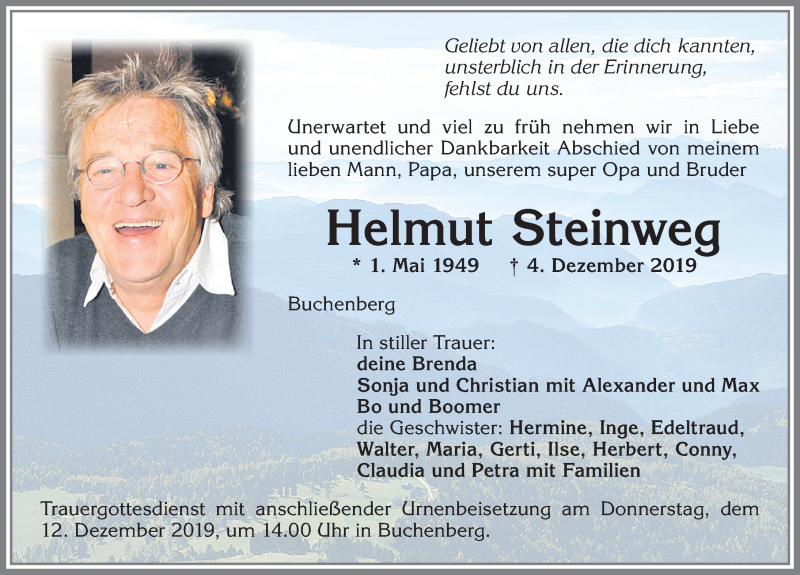  Traueranzeige für Helmut Steinweg vom 09.12.2019 aus Allgäuer Zeitung