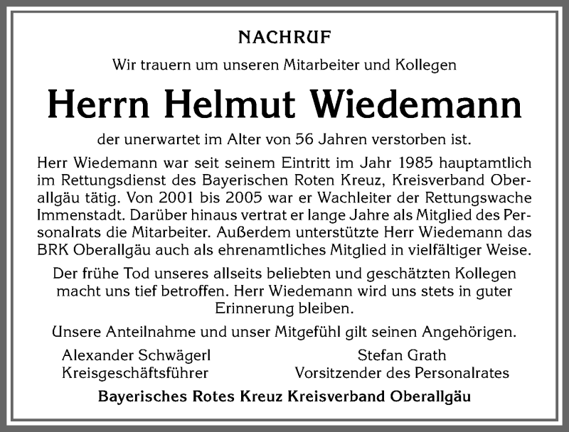  Traueranzeige für Helmut Wiedemann vom 14.12.2019 aus Allgäuer Anzeigeblatt