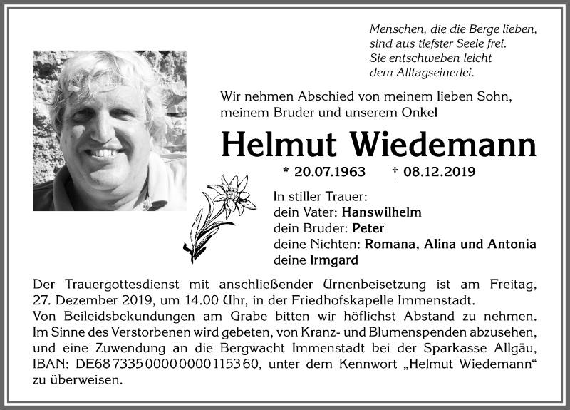  Traueranzeige für Helmut Wiedemann vom 14.12.2019 aus Allgäuer Anzeigeblatt
