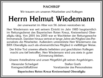 Traueranzeige von Helmut Wiedemann von Allgäuer Anzeigeblatt