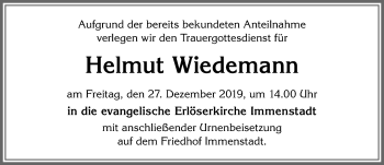 Traueranzeige von Helmut Wiedemann von Allgäuer Anzeigeblatt