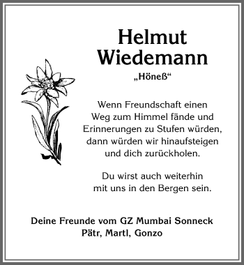 Traueranzeige von Helmut Wiedemann von Allgäuer Anzeigeblatt