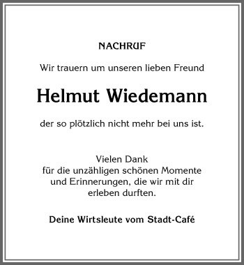 Traueranzeige von Helmut Wiedemann von Allgäuer Anzeigeblatt