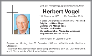 Traueranzeige von Herbert Vogel von Memminger Zeitung