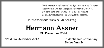 Traueranzeige von Hermann Assner von Allgäuer Zeitung, Kaufbeuren/Buchloe