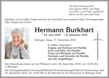 Traueranzeige von Hermann Burkhart von Allgäuer Zeitung, Marktoberdorf