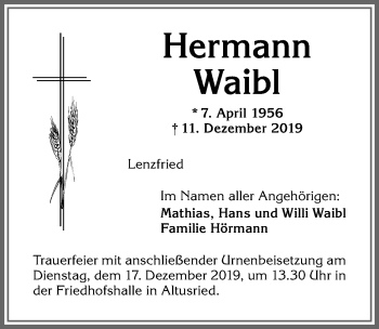 Traueranzeige von Hermann Waibl von Allgäuer Zeitung,Kempten