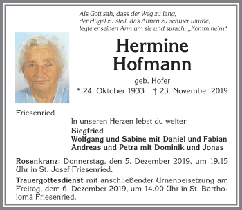 Traueranzeige von Hermine Hofmann von Allgäuer Zeitung, Kaufbeuren/Buchloe