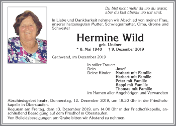 Traueranzeige von Hermine Wild von Allgäuer Zeitung