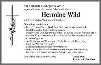 Traueranzeige von Hermine Wild von Allgäuer Zeitung