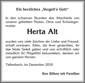 Traueranzeige von Herta Alt von Allgäuer Anzeigeblatt