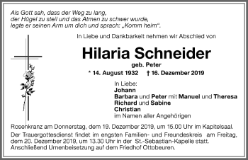 Traueranzeige von Hilaria Schneider von Memminger Zeitung