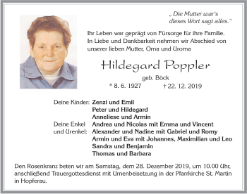 Traueranzeige von Hildegard Poppler von Allgäuer Zeitung, Füssen