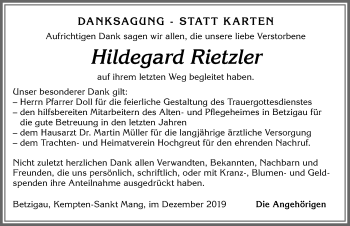 Traueranzeige von Hildegard Rietzler von Allgäuer Zeitung,Kempten