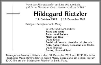 Traueranzeige von Hildegard Rietzler von Allgäuer Zeitung,Kempten