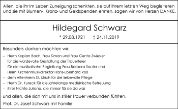 Traueranzeige von Hildegard Schwarz von Memminger Zeitung