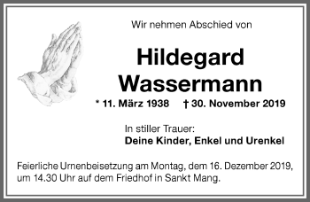 Traueranzeige von Hildegard Wassermann von Memminger Zeitung