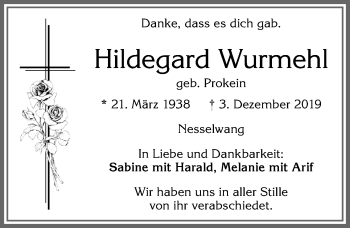 Traueranzeige von Hildegard Wurmehl von Allgäuer Zeitung, Füssen