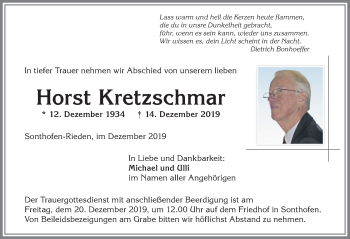 Traueranzeige von Horst Kretzschmar von Allgäuer Anzeigeblatt