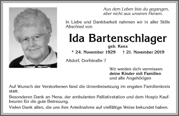 Traueranzeige von Ida Bartenschlager von Allgäuer Zeitung, Marktoberdorf