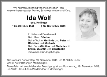 Traueranzeige von Ida Wolf von Memminger Zeitung