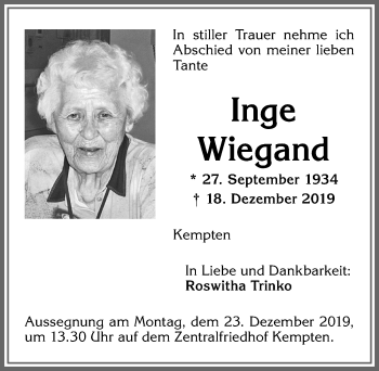 Traueranzeige von Inge Wiegand von Allgäuer Zeitung,Kempten