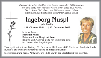 Traueranzeige von Ingeborg Nuspl von Allgäuer Zeitung, Kaufbeuren/Buchloe