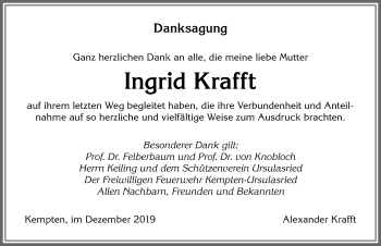 Traueranzeige von Ingrid Krafft von Allgäuer Zeitung,Kempten