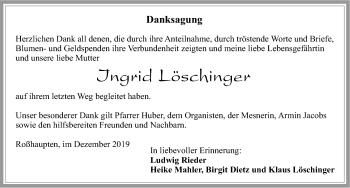 Traueranzeige von Ingrid Löschinger von Allgäuer Zeitung, Füssen
