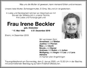 Traueranzeige von Irene Beckler von Memminger Zeitung