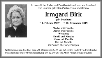 Traueranzeige von Irmgard Birk von Allgäuer Zeitung, Kaufbeuren/Buchloe