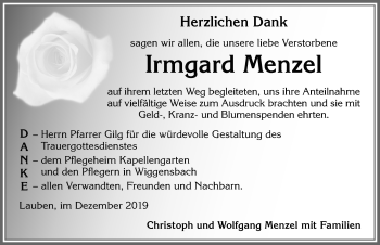 Traueranzeige von Irmgard Menzel von Allgäuer Zeitung,Kempten