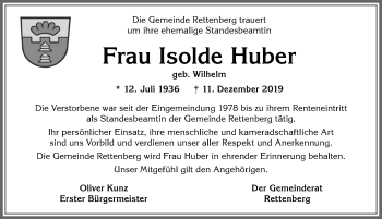 Traueranzeige von Isolde Huber von Allgäuer Anzeigeblatt