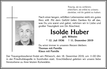 Traueranzeige von Isolde Huber von Allgäuer Anzeigeblatt