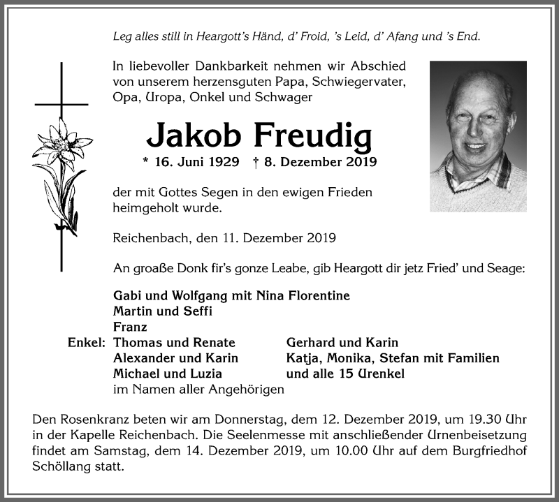  Traueranzeige für Jakob Freudig vom 11.12.2019 aus Allgäuer Anzeigeblatt