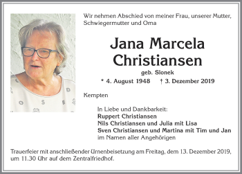 Traueranzeige von Jana Marcela Christiansen von Allgäuer Zeitung,Kempten