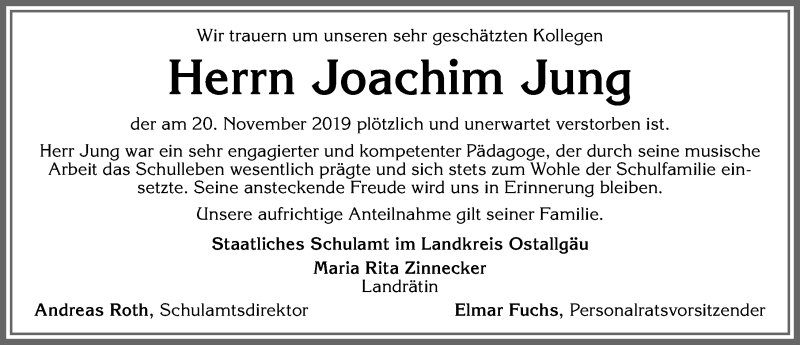  Traueranzeige für Joachim Jung vom 02.12.2019 aus Allgäuer Zeitung, Kaufbeuren/Buchloe
