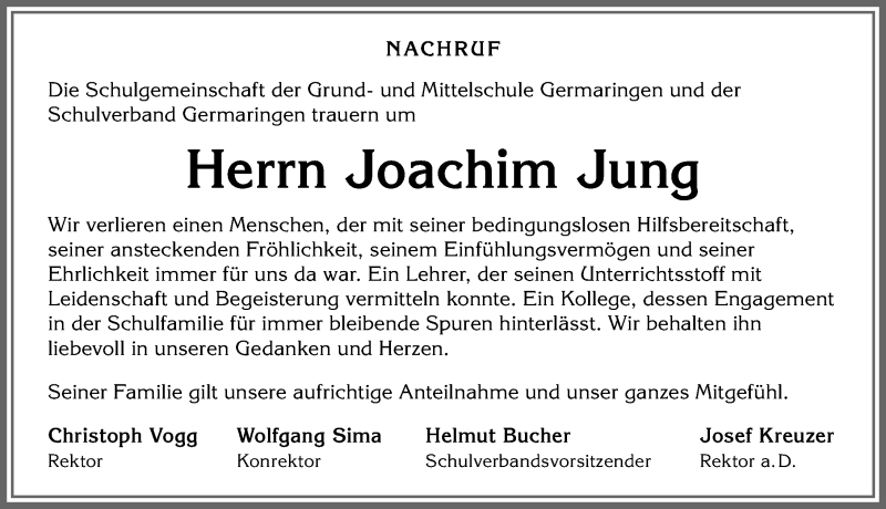 Traueranzeige für Joachim Jung vom 03.12.2019 aus Allgäuer Zeitung