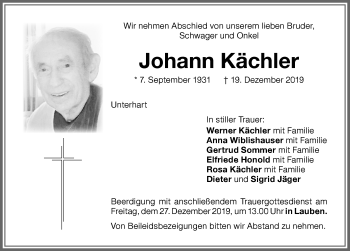 Traueranzeige von Johann Kächler von Memminger Zeitung