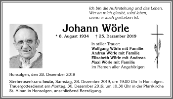 Traueranzeige von Johann Wörle von Allgäuer Zeitung, Kaufbeuren/Buchloe