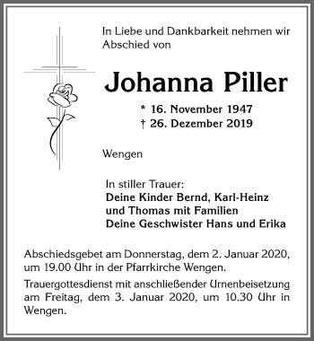 Traueranzeige von Johanna Piller von Allgäuer Zeitung,Kempten