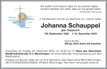 Traueranzeige von Johanna Schauppel von Memminger Zeitung