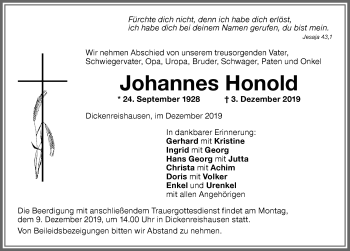Traueranzeige von Johannes Honold von Memminger Zeitung