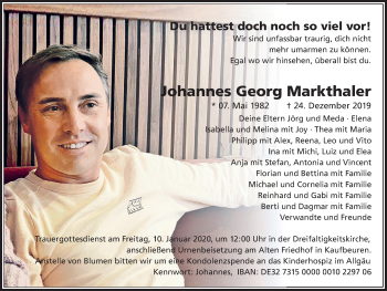 Traueranzeige von Johannes Georg Markthaler von Allgäuer Zeitung, Kaufbeuren/Buchloe